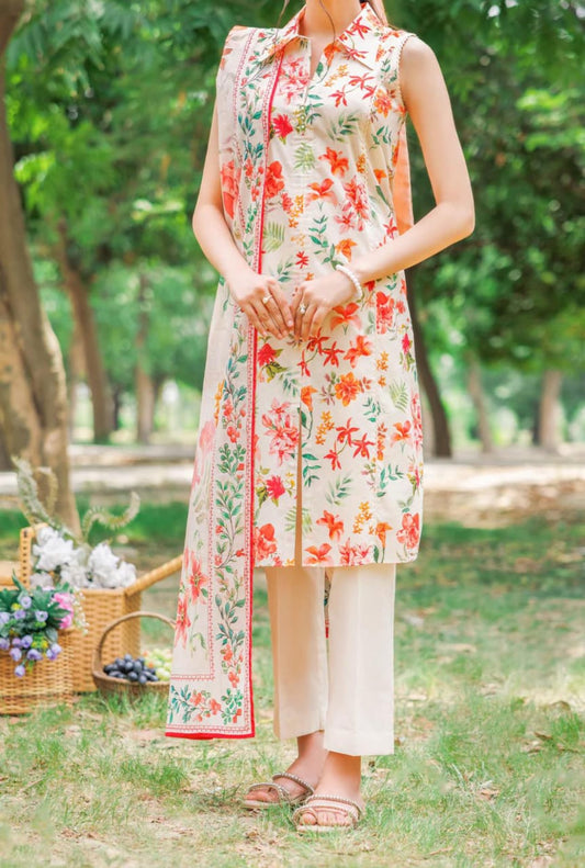 Cream | Saya 3pc Unstitched Lawn Suit