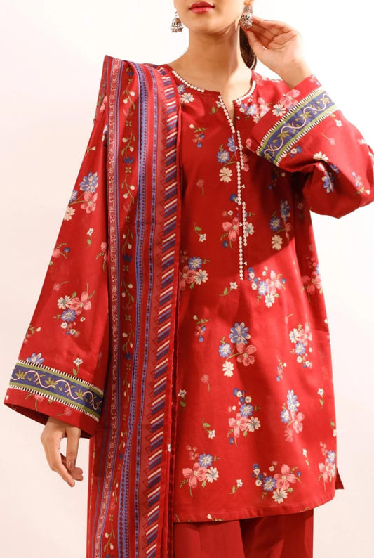 Red | Saya 3pc Unstitched Lawn Suit