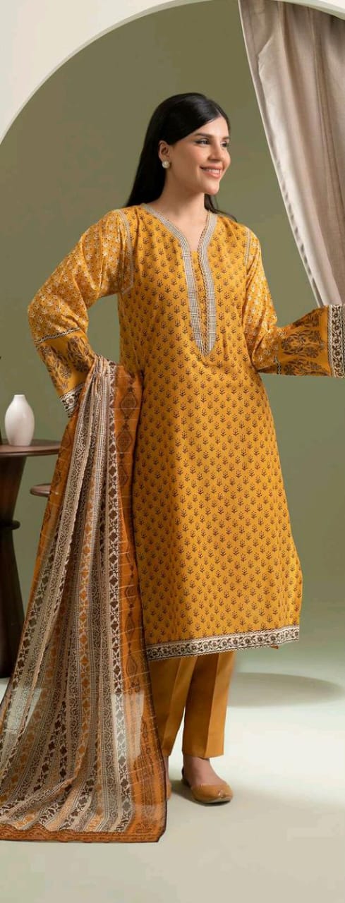 Orange Zellbury 3pc Unstitched Lawn Suit – Stylish Pakistani Lawn Outfit 2025