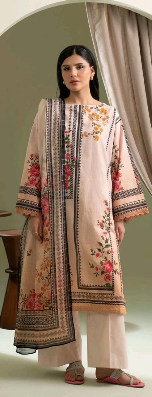 Beige Zellbury 3pc Unstitched Lawn Suit – Stylish Pakistani Lawn Outfit 2025