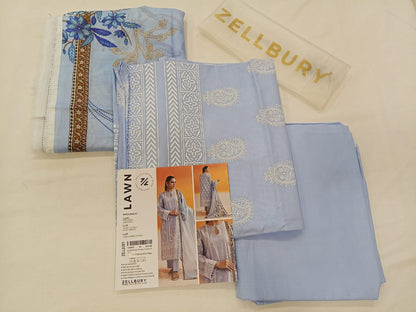 Sky Blue Zellbury 3pc Unstitched Lawn Suit – Stylish Pakistani Lawn Outfit 2025