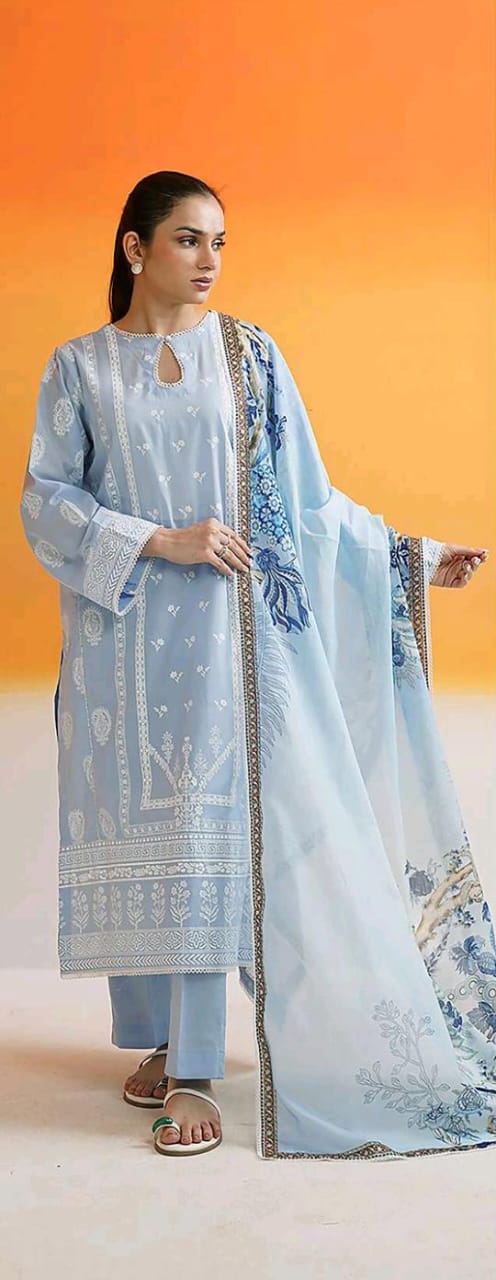 Sky Blue Zellbury 3pc Unstitched Lawn Suit – Stylish Pakistani Lawn Outfit 2025