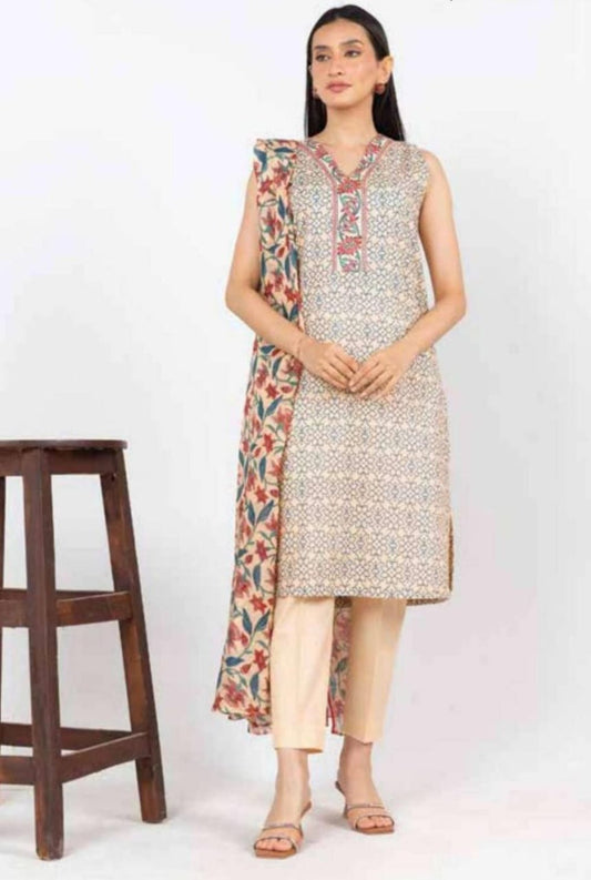 Cream | Al-Karam 3pc Unstitched Lawn Suit