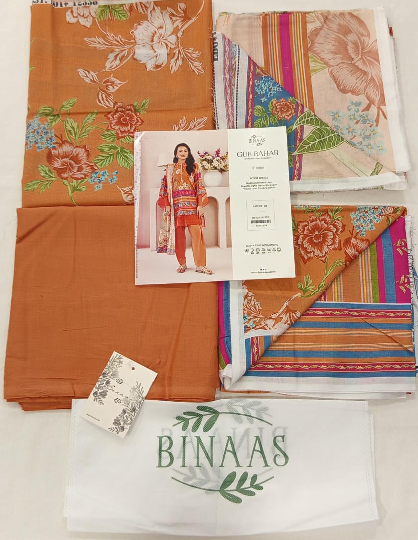Gull Bahar by Binaas 3pc Unstitched Lawn Collection – Mustard Orange