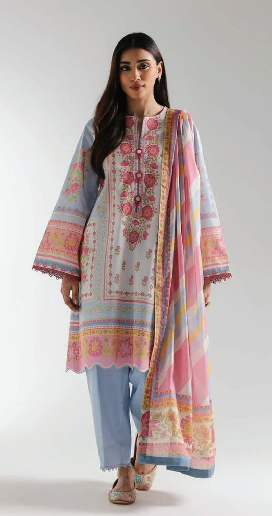 Light Blue |Ethnc 3pc Unstitched Doriya Lawn Suit