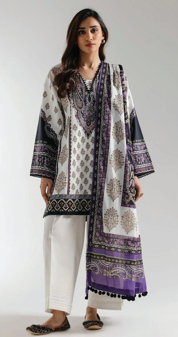 Purple |Ethnc 3pc Unstitched Doriya Lawn Suit