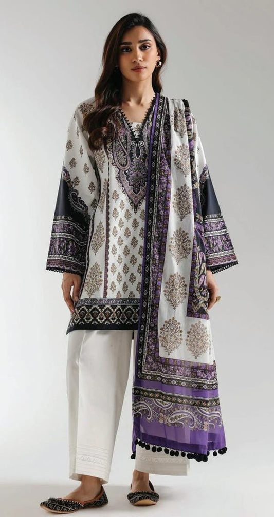 Purple |Ethnc 3pc Unstitched Doriya Lawn Suit