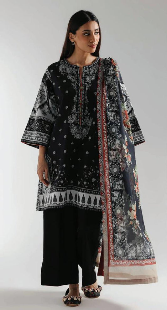 Black |Ethnc 3pc Unstitched Doriya Lawn Suit
