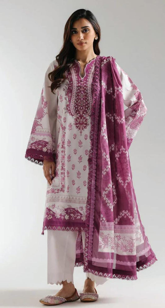 Purple |Ethnc 3pc Unstitched Doriya Lawn Suit