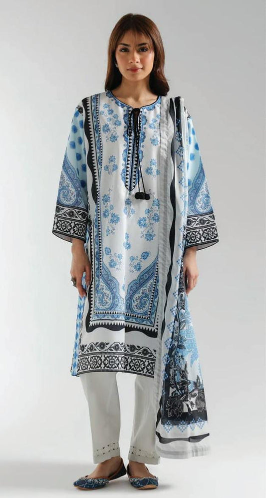 Light Blue |Ethnc 3pc Unstitched Doriya Lawn Suit