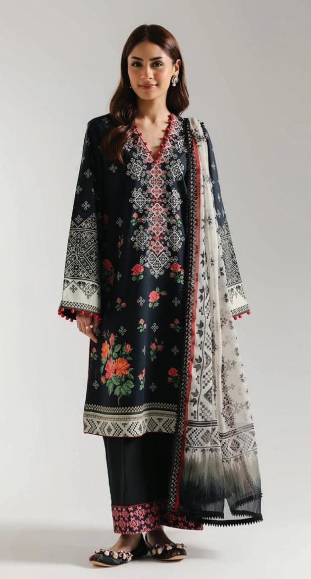 Jet Black |Ethnc 3pc Unstitched Doriya Lawn Suit