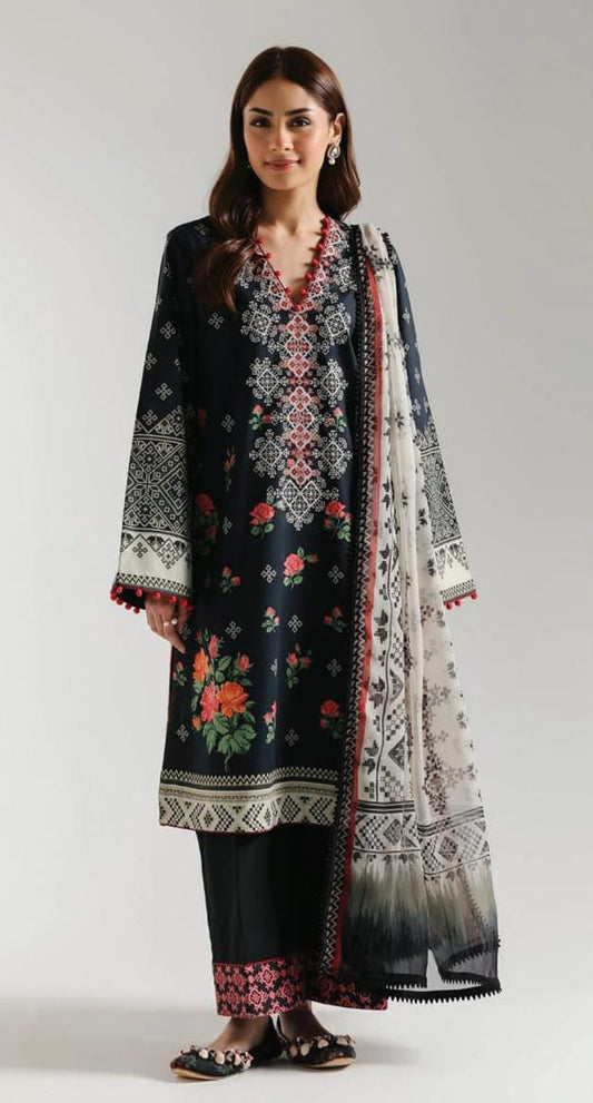 Jet Black |Ethnc 3pc Unstitched Doriya Lawn Suit