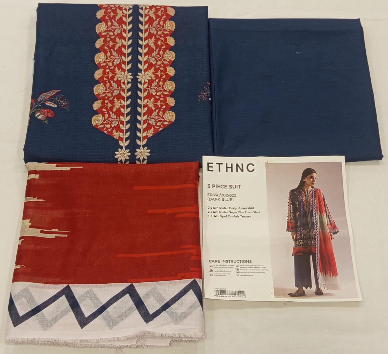 Dark Blue |Ethnc 3pc Unstitched Doriya Lawn Suit