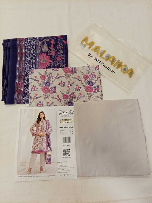 Malaika 3pc Unstitched Lawn Collection - Ash White