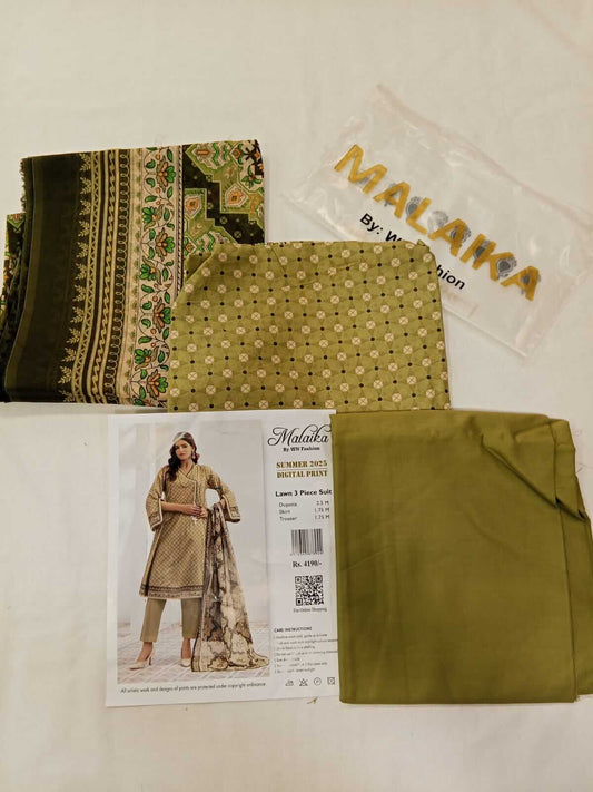 Malaika 3pc Unstitched Lawn Collection - Olive Green