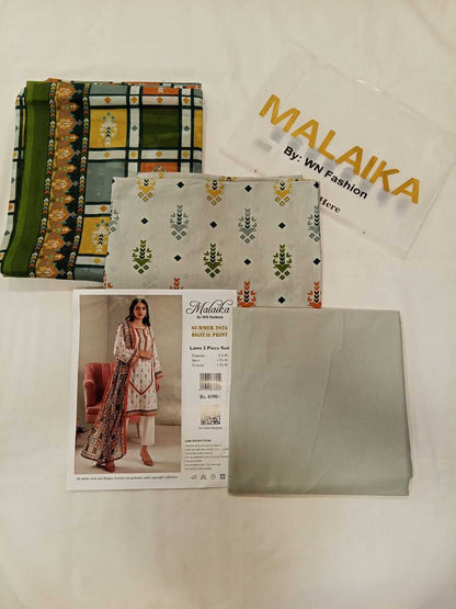 Malaika 3pc Unstitched Lawn Collection - Ash Green