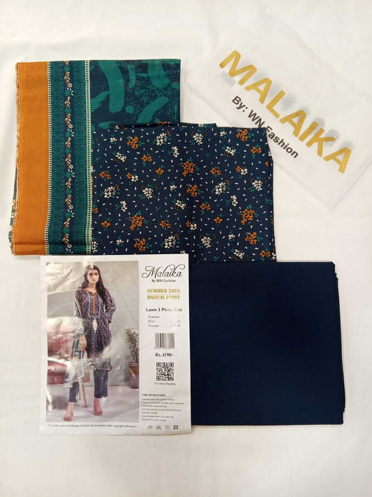 Malaika 3pc Unstitched Lawn Collection - Navy Blue