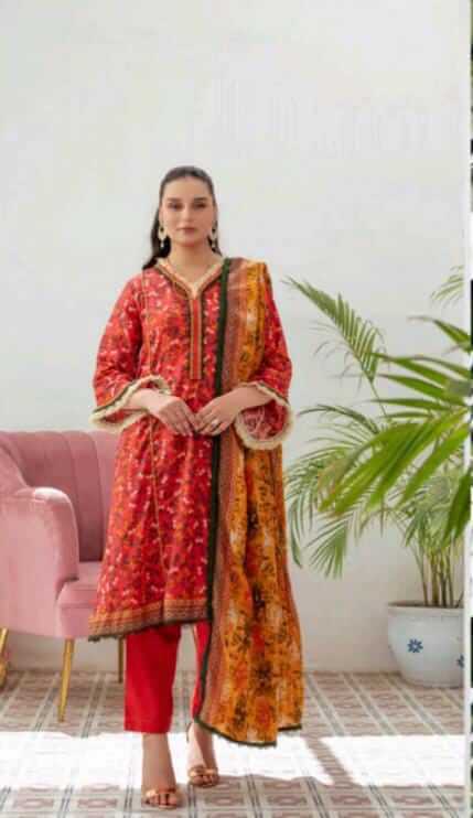 Malaika 3pc Unstitched Lawn Collection - Red