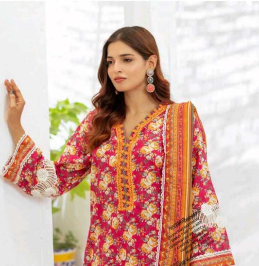 Malaika 3pc Unstitched Lawn Collection - Shocking Pink