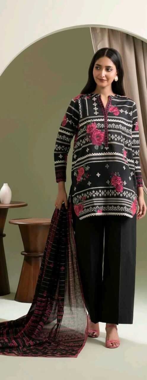 Zellbury 3pc Unstitched Lawn Suit Black