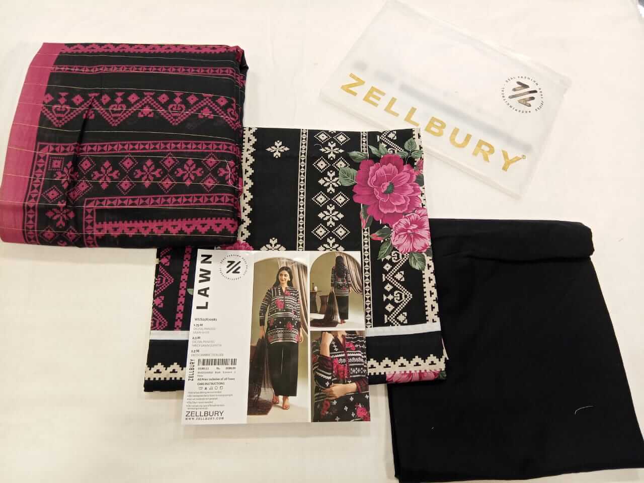 Zellbury 3pc Unstitched Lawn Suit Black
