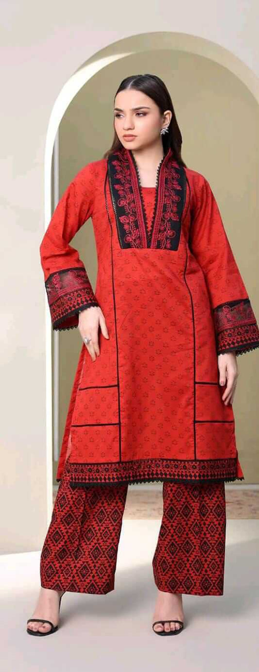 Red | Zellbury 2pc Unstitched Embroidered Lawn