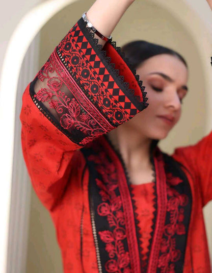 Red | Zellbury 2pc Unstitched Embroidered Lawn