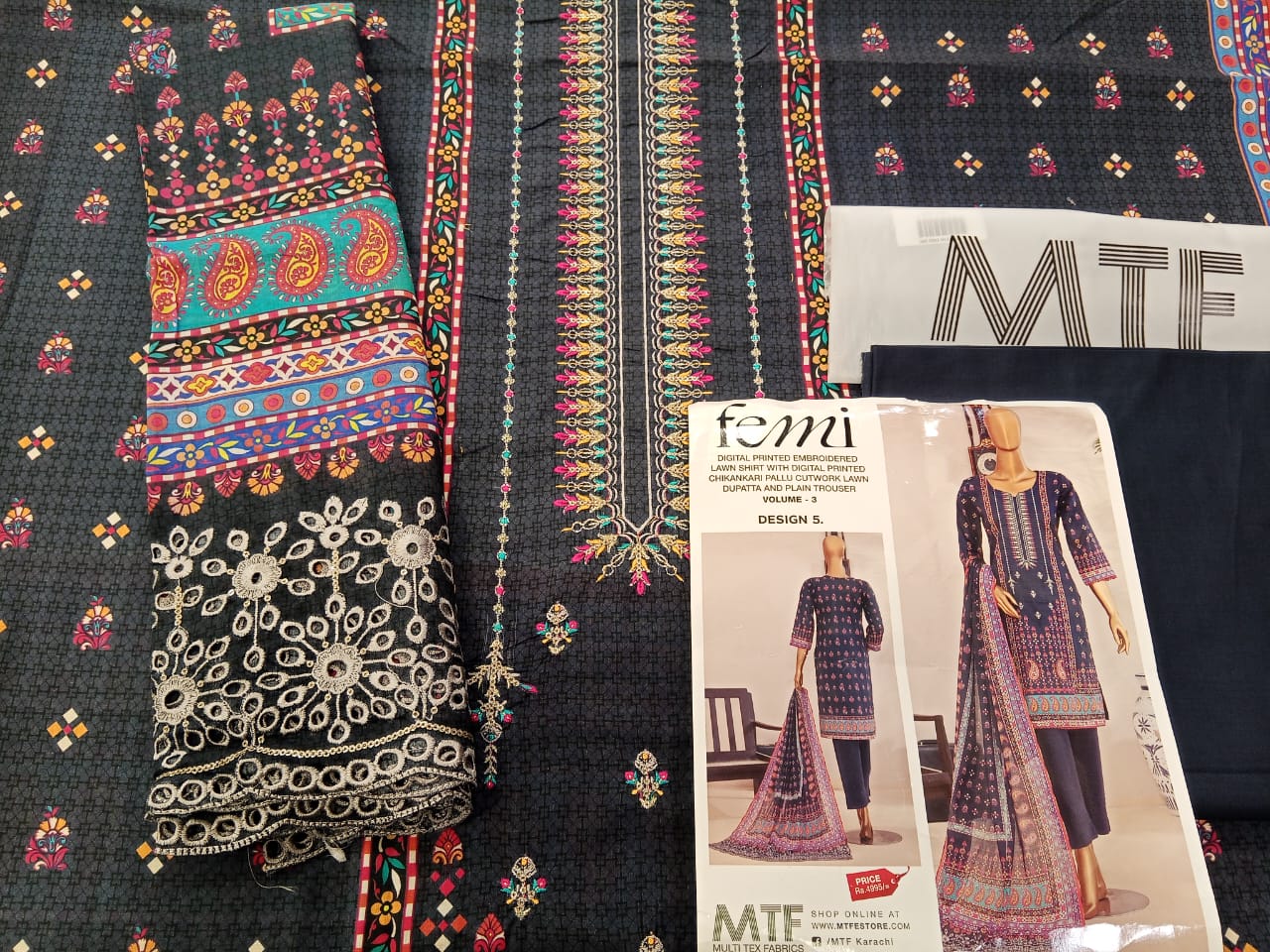 Mtf By Femi 3pc Unstitched Printed Embroidered Lawn - Black Grey
