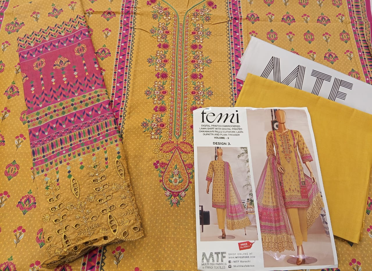 Mtf By Femi 3pc Unstitched Printed Embroidered Lawn - Dhani