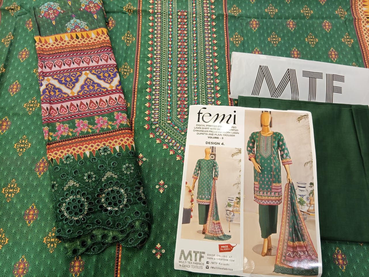 Mtf By Femi 3pc Unstitched Printed Embroidered Lawn - Dark Green