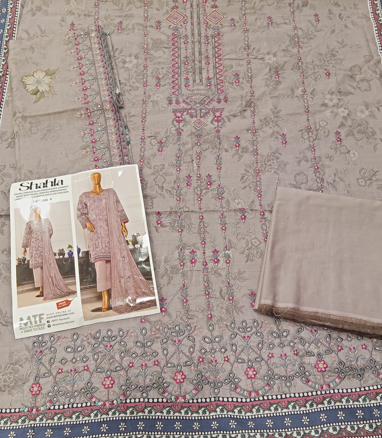 Mtf By Shahla 3pc Unstitched Slub Embroidered Cambric - Light Grey