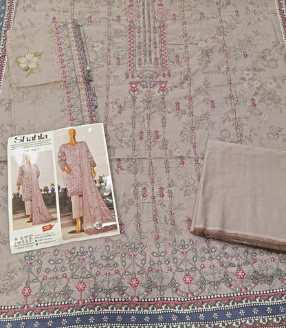 Mtf By Shahla 3pc Unstitched Slub Embroidered Cambric - Light Grey