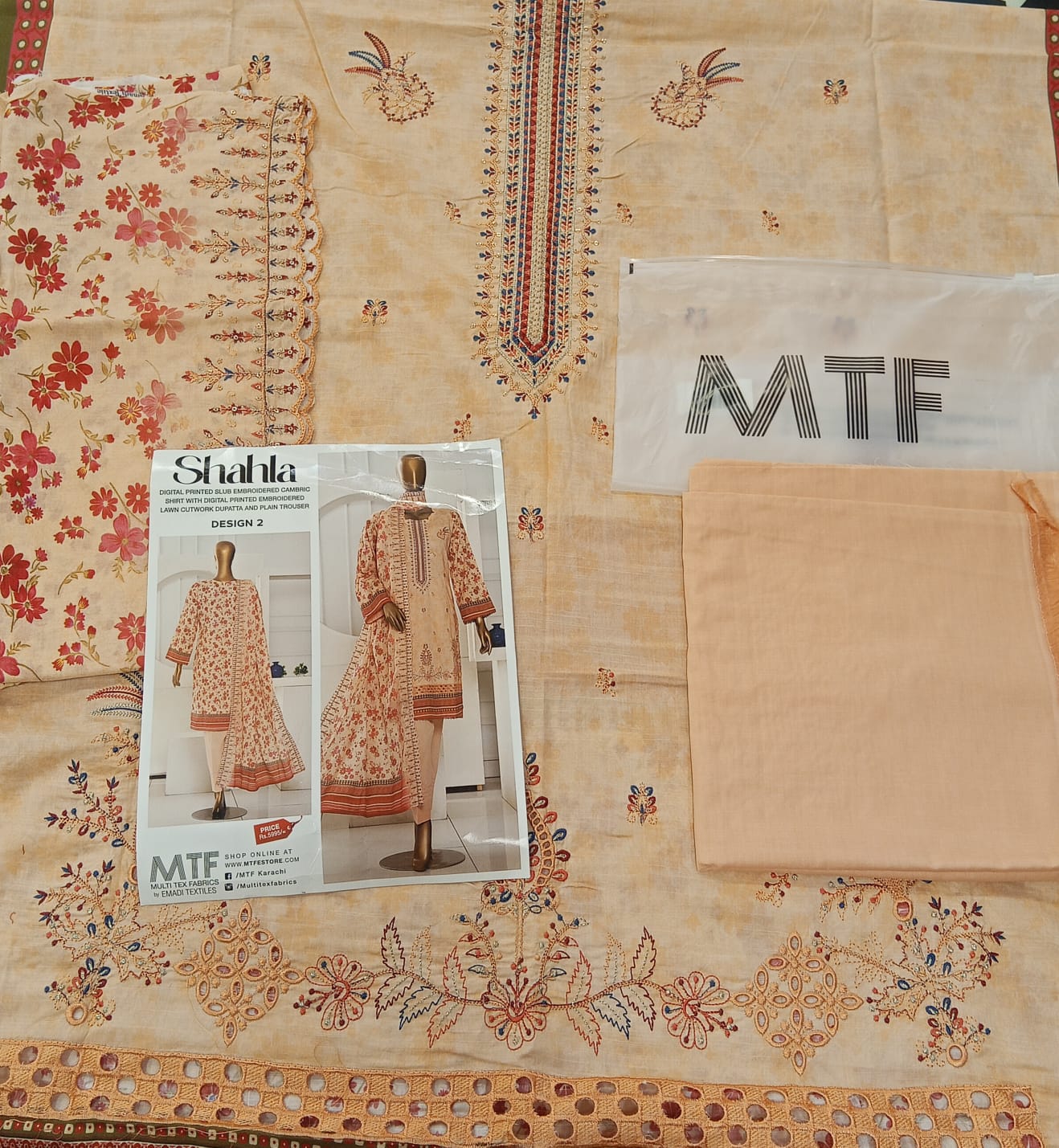 Mtf By Shahla 3pc Unstitched Slub Embroidered Cambric - Peach