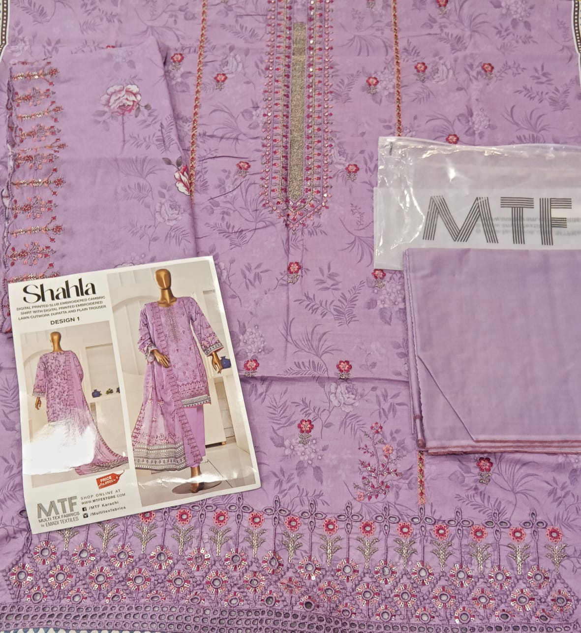 Mtf By Shahla 3pc Unstitched Slub Embroidered Cambric - Purple