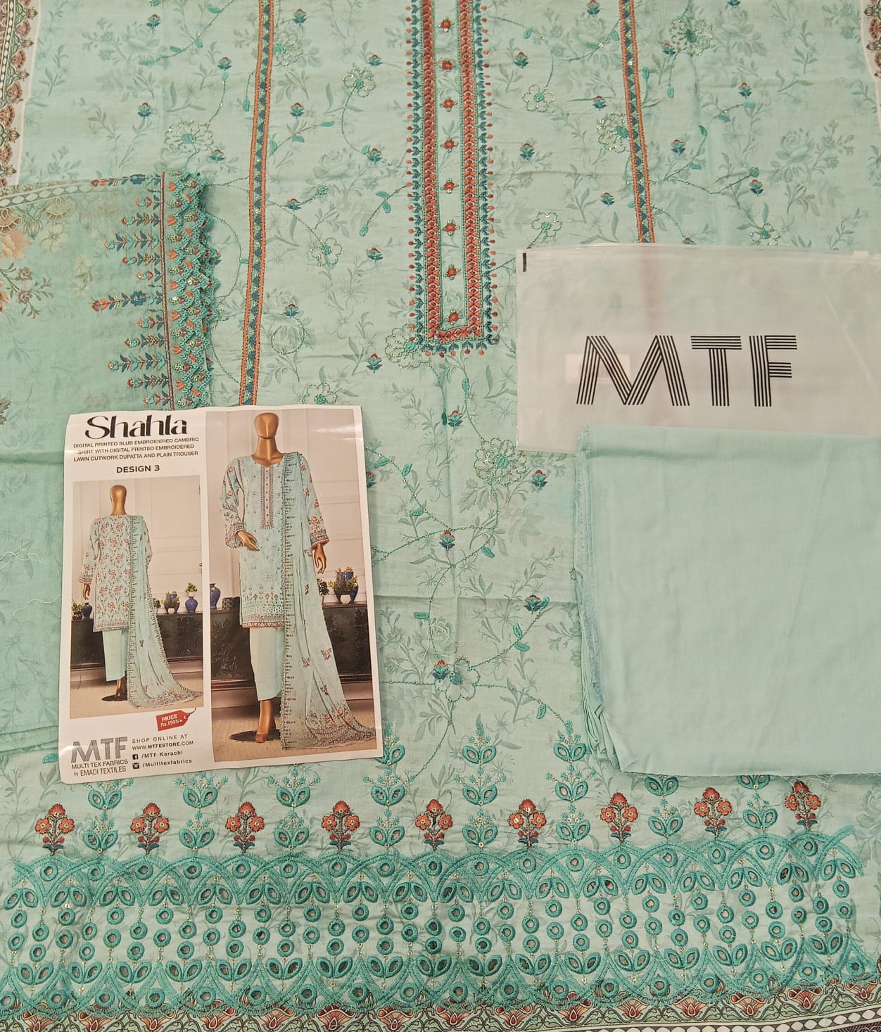 Mtf By Shahla 3pc Unstitched Slub Embroidered Cambric - Sky Blue