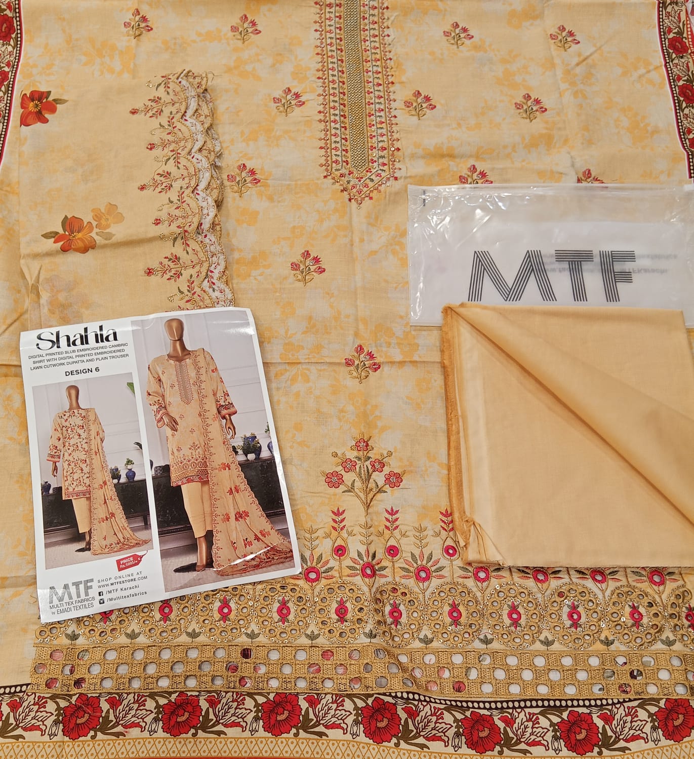 Mtf By Shahla 3pc Unstitched Slub Embroidered Cambric - Mustard