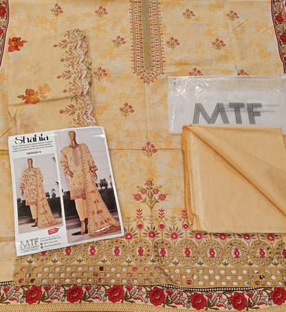 Mtf By Shahla 3pc Unstitched Slub Embroidered Cambric - Mustard