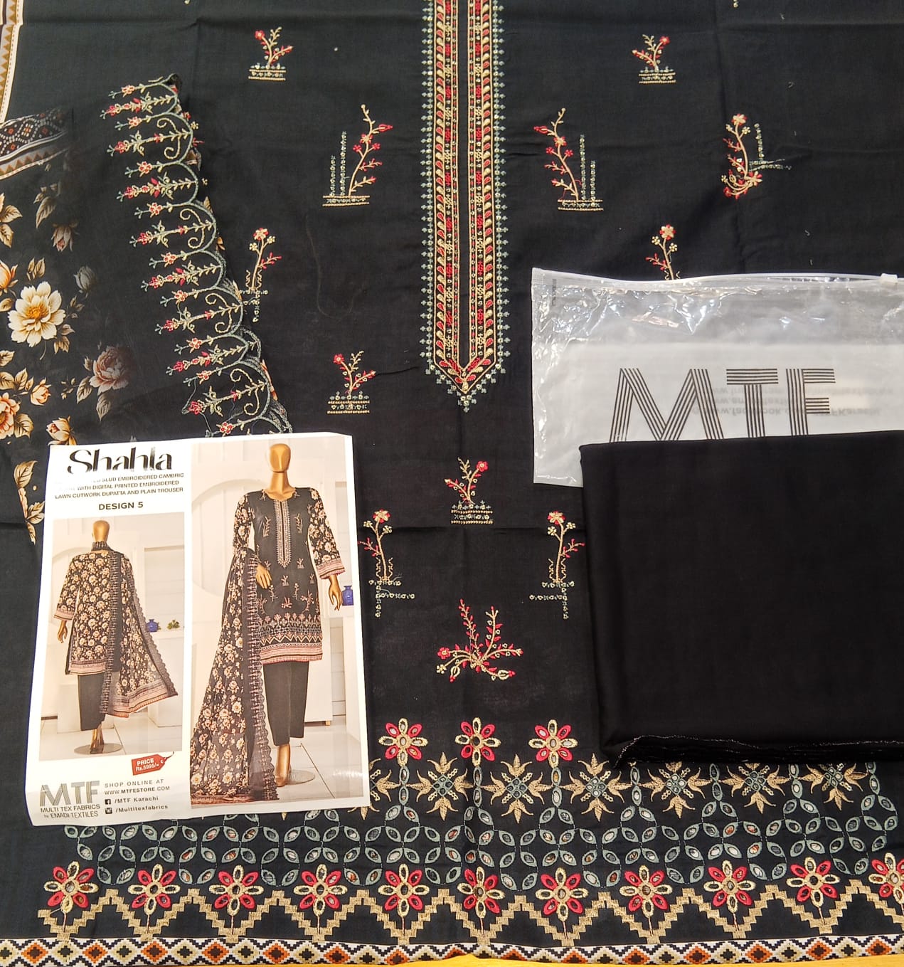 Mtf By Shahla 3pc Unstitched Slub Embroidered Cambric - Black