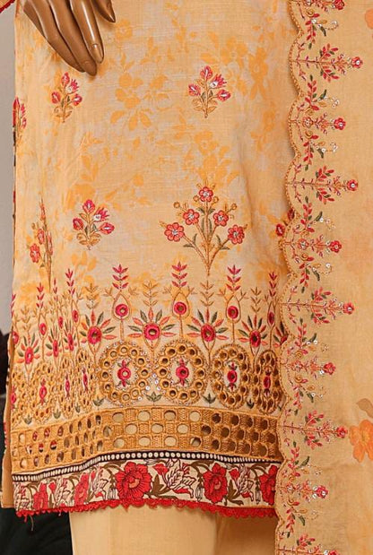 Mtf By Shahla 3pc Unstitched Slub Embroidered Cambric - Mustard