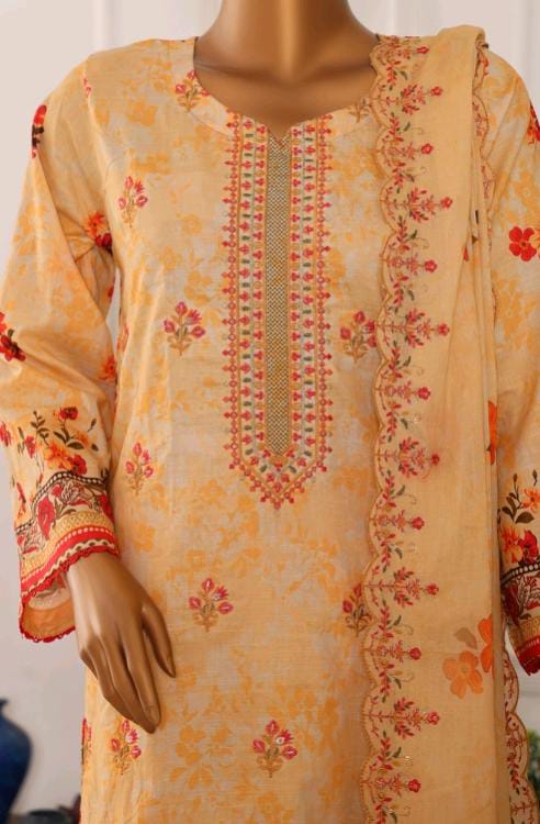 Mtf By Shahla 3pc Unstitched Slub Embroidered Cambric - Mustard
