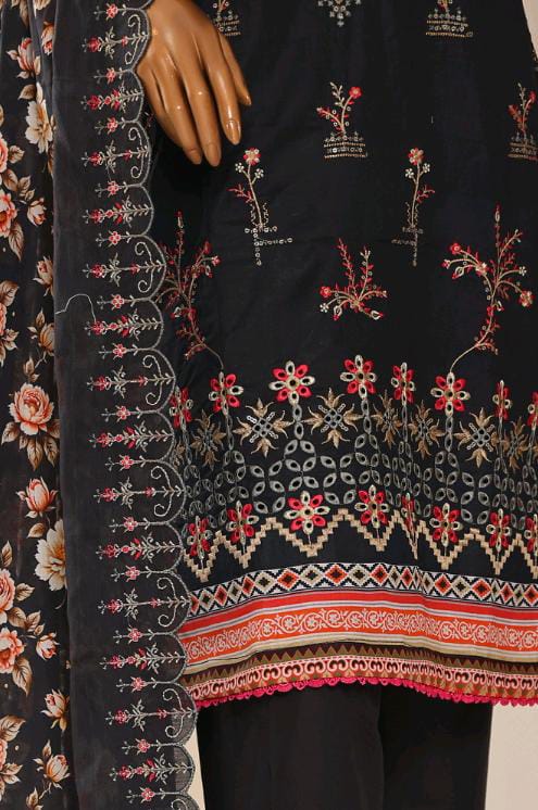 Mtf By Shahla 3pc Unstitched Slub Embroidered Cambric - Black