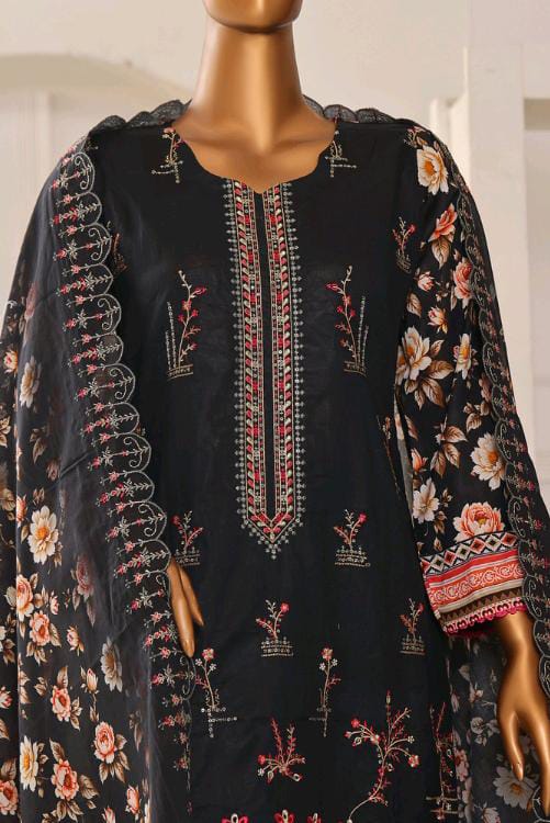 Mtf By Shahla 3pc Unstitched Slub Embroidered Cambric - Black