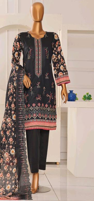 Mtf By Shahla 3pc Unstitched Slub Embroidered Cambric - Black