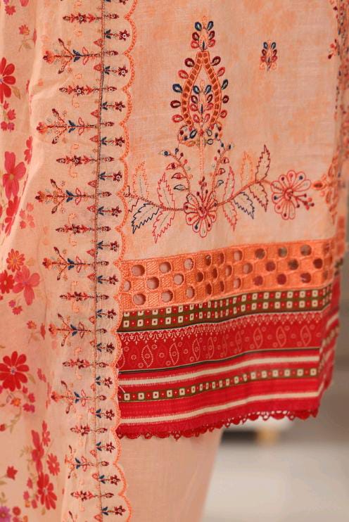 Mtf By Shahla 3pc Unstitched Slub Embroidered Cambric - Peach