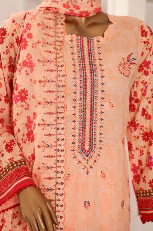 Mtf By Shahla 3pc Unstitched Slub Embroidered Cambric - Peach