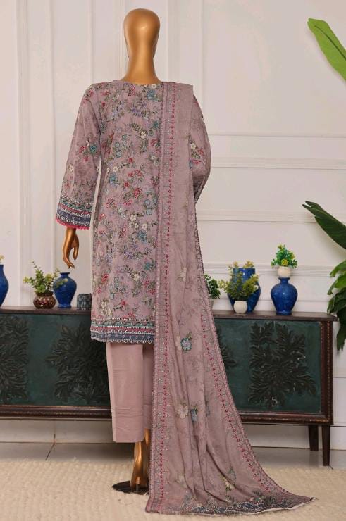 Mtf By Shahla 3pc Unstitched Slub Embroidered Cambric - Light Grey