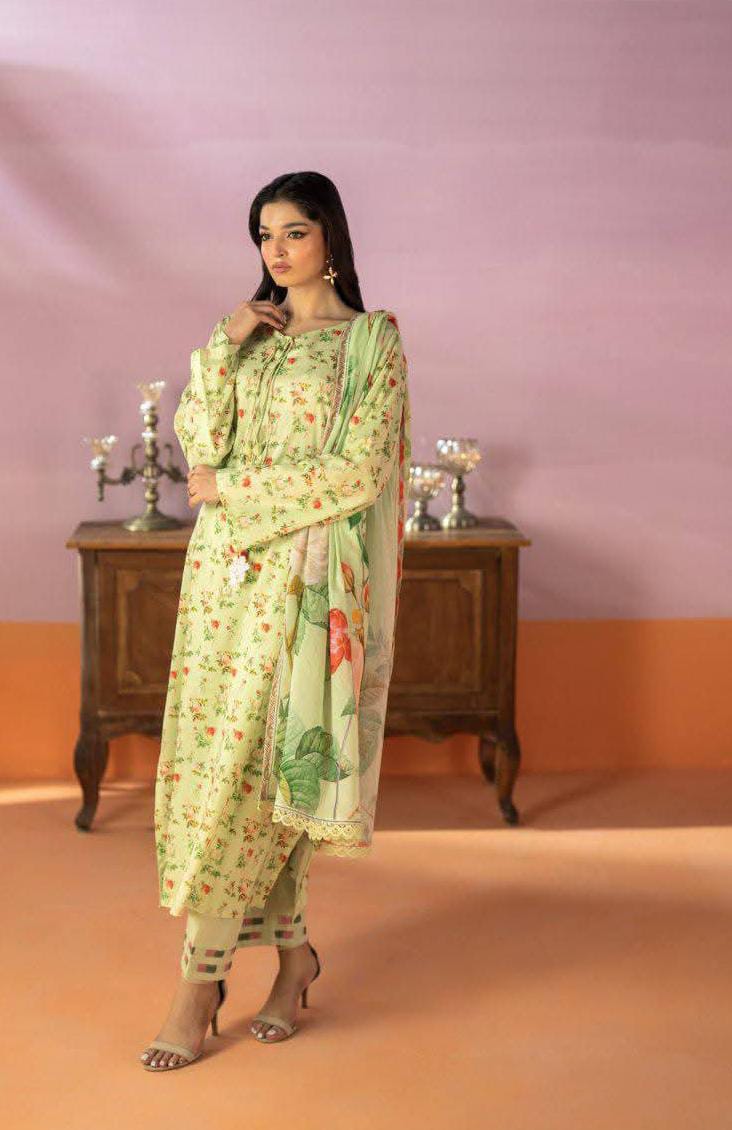 Salina 3pc Unstitched Mid Summer Cotton | Light Green