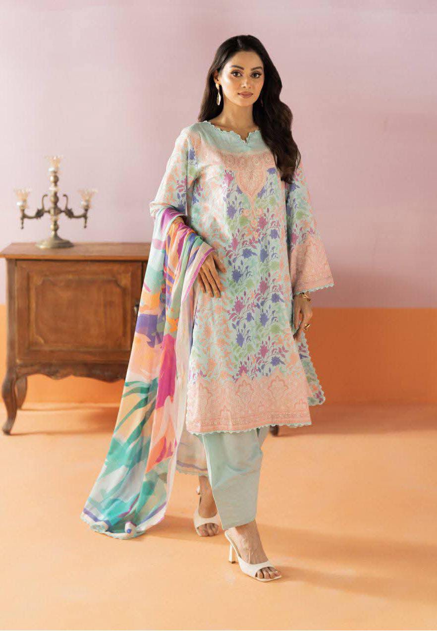 Salina 3pc Unstitched Mid Summer Cotton | Light Sky