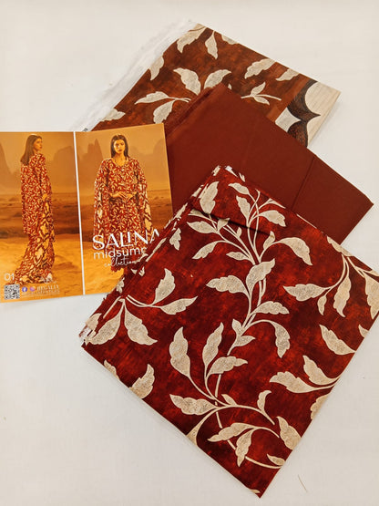 Salina 3pc Unstitched Mid Summer Cotton | Maroon