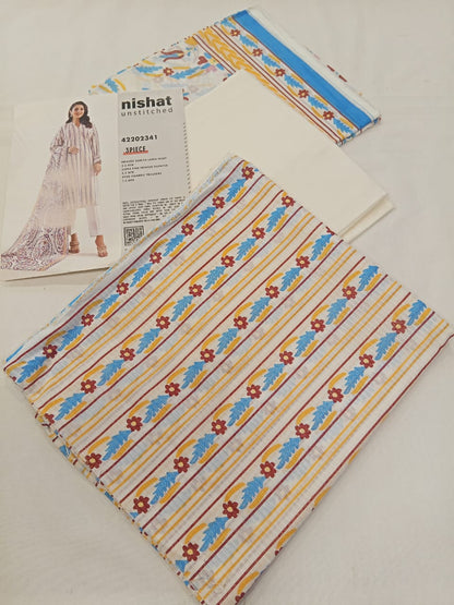 A model wearing the Nishat 3pc Unstitched Doriya Lawn Off White suit
